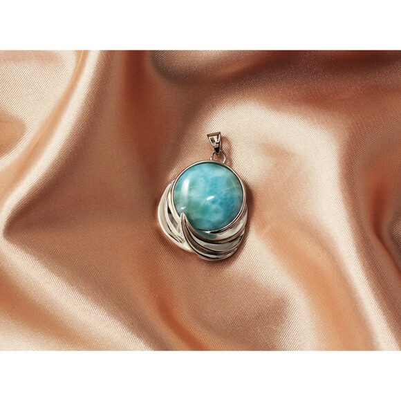 925 Sterling Silver LARIMAR NECKLACE, CURVED Necklace, Larimar Gemstones - Picture 1 of 10